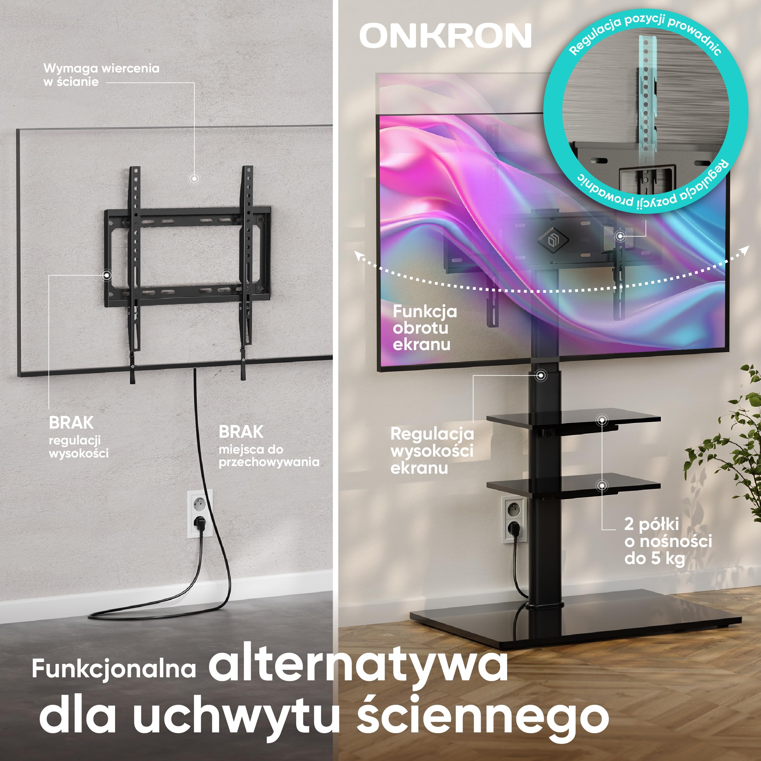 ONKRON Stojak pod TV 32-65 cali, 30 kg, max VESA 600x400, TS5550-B | Uchwyt stojący na telewizor czarny, -25°/+25° obrotow, regulacja wysokości, półki ze szkła hartowanego, kable; do biura, domu