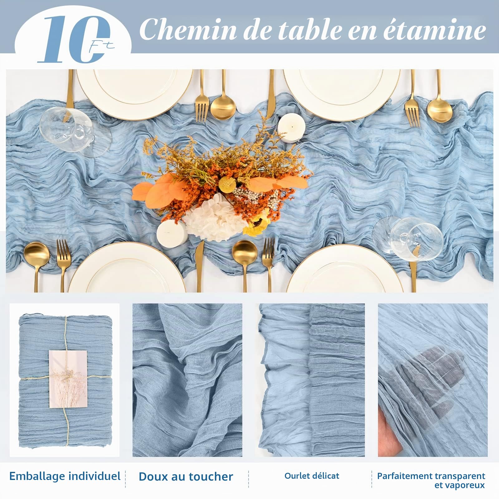 10 Pack Chemin de Table en Étamine Bleu Poussiéreux - 10FT Long Semi-Transparent en Gaze - Tissu Boho