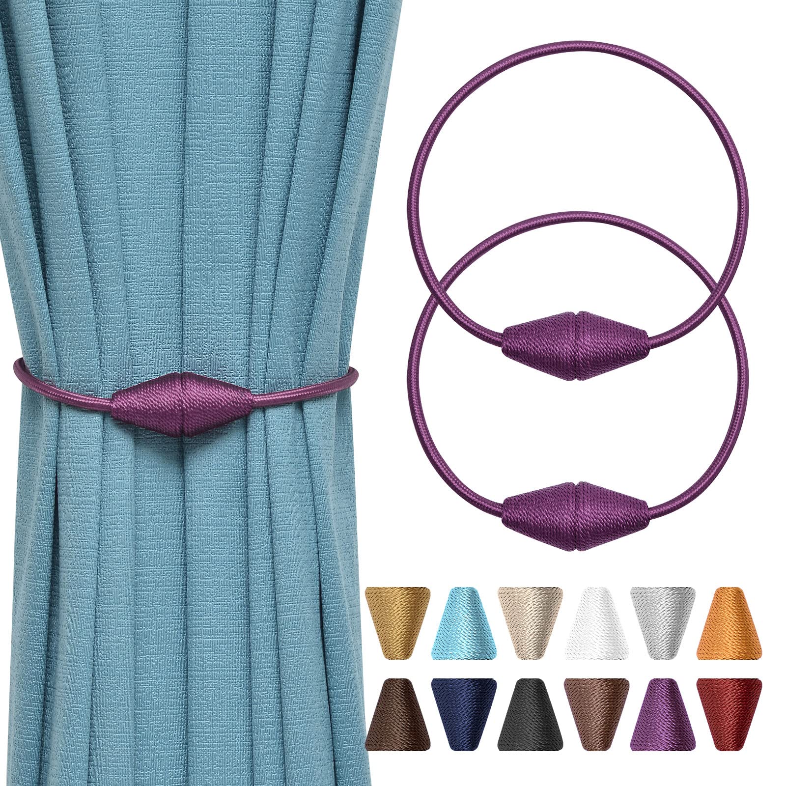 NICEEC 2 Pack Upgrade Magnetic Curtain Tiebacks 16 Inch Handmade Weave Rope Curtain Holdbacks Convenient Decorative Cone Curtain Drape Tie Backs for Home & Office Window Drapery (Purple)