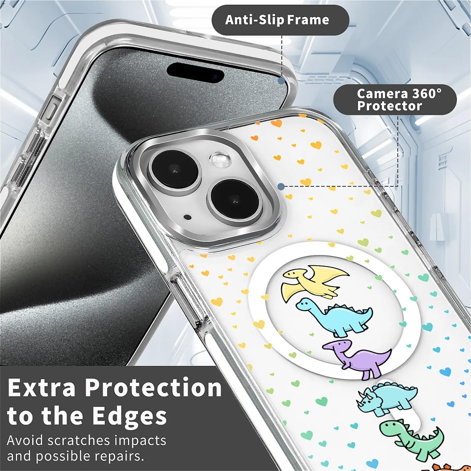 for iPhone 15 Case [Compatible with Magsafe],Girls Women Clear Magnetic Case Silicone Shockproof Protective Cover with Pattern Color Dinosaur - Image 2