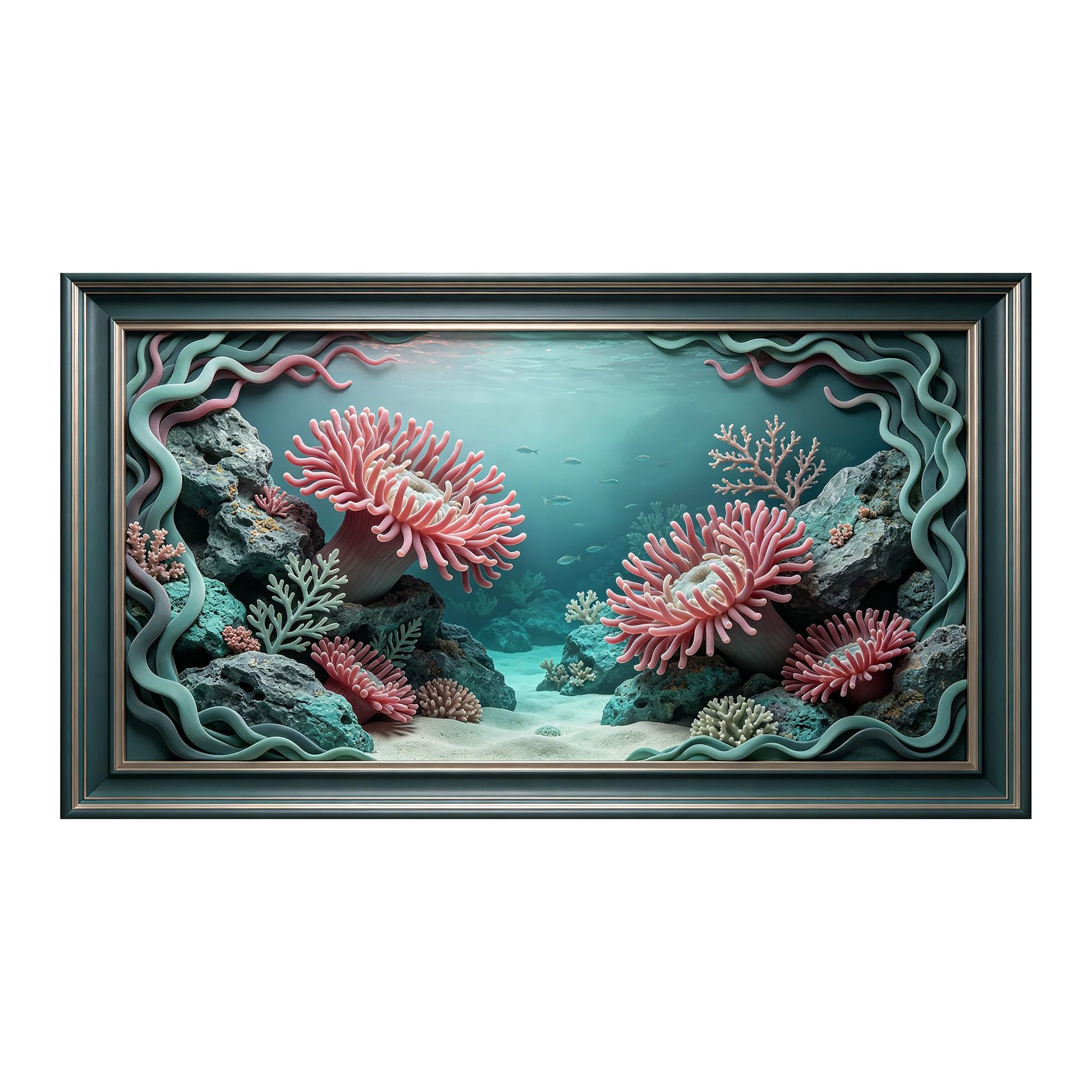 Murasolite 3D Framed Wall Art Ocean Coral Reef Seascape Marine Style SelfAdhesive Fabric Mural Wall Decor， Peel and Stick No Damage to Wall， AntiFall Safe Design for Bedroom Living Room