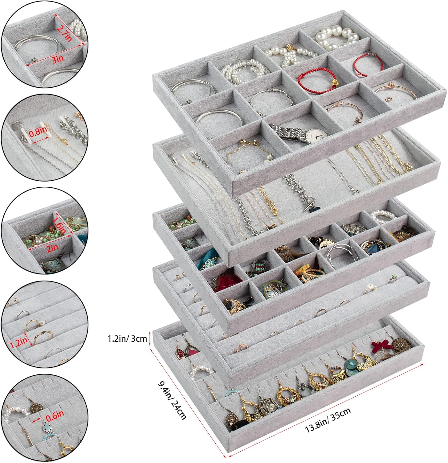 Buy Set of 5 Stackable Ice Velvet Jewelry Trays Organizer for Dresser and Drawer, LASZOLA