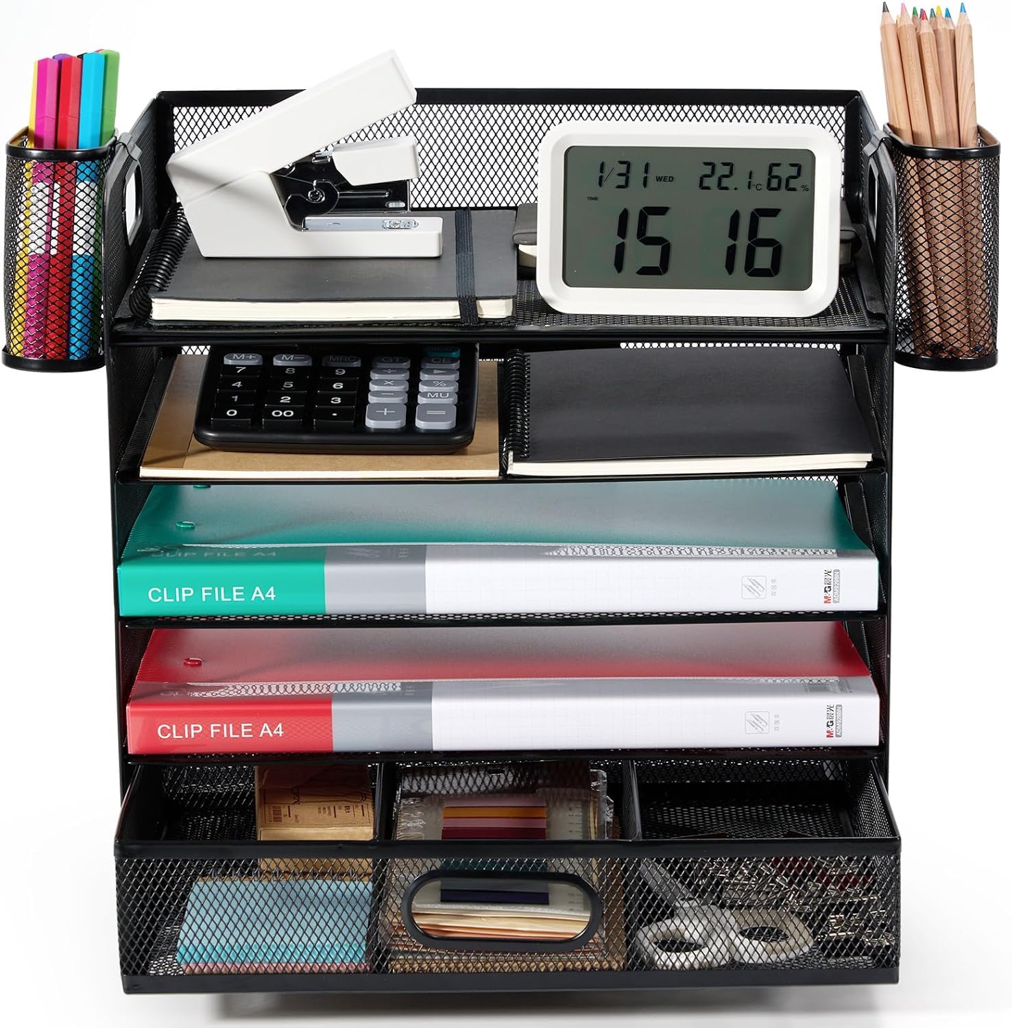 Mesh Desk Organiser with File Holder, 5-Tier Paper Letter Tray Organiser with Drawer and 2 Pen Holder Multifunctional Document Organiser Magazine Holder for Home Office Supplies