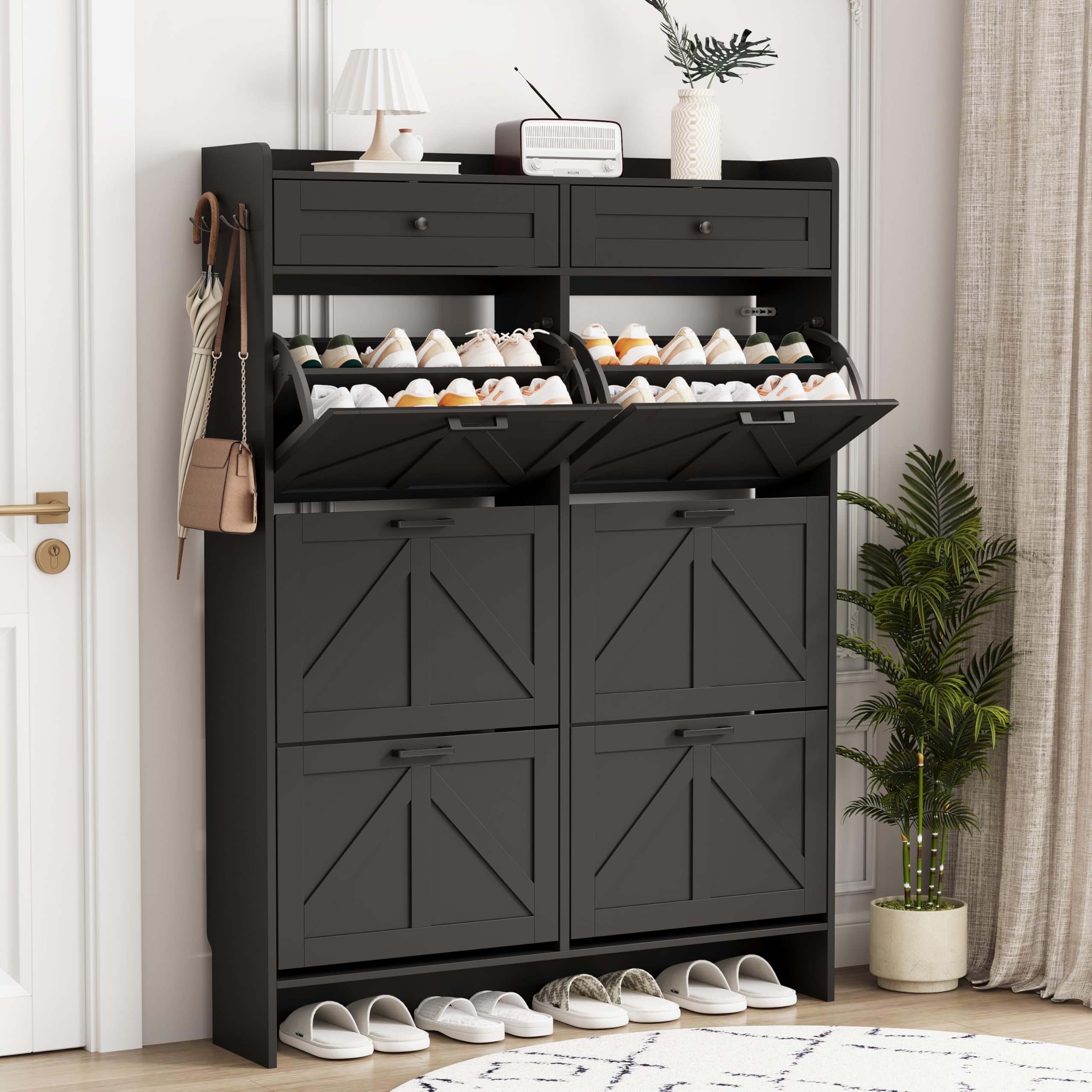 Shoe Cabinet with 6 Flip Drawers &amp; 2 Top Drawers, 57" Tall Freestanding Narrow Wooden Shoe Storage Organizer for Entryway, Hidden Slim Shoe Rack for Front Door Entrance, Hallway, Living Room, Black