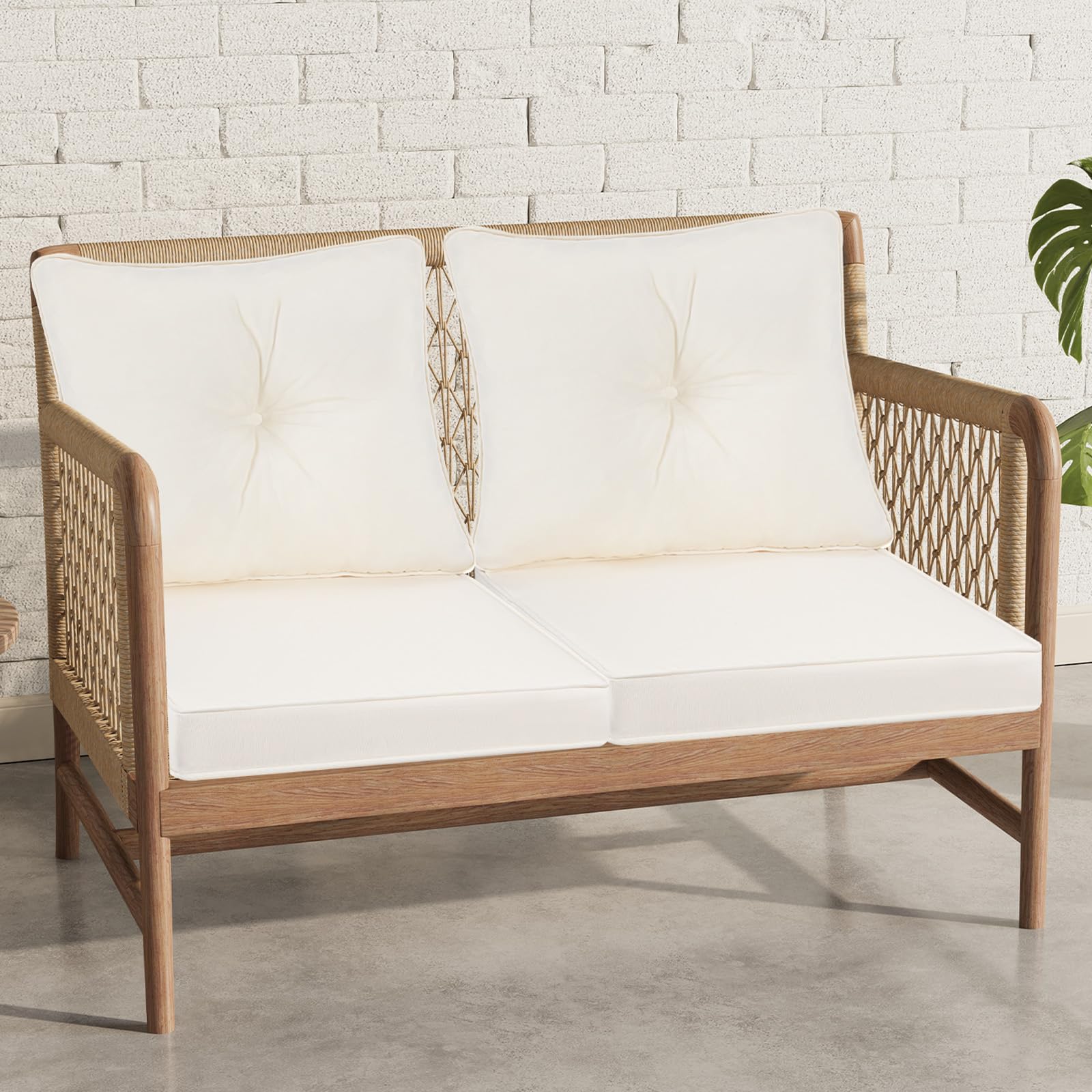 Coussin de chaise de jardin avec dossier, 7 cm d'épaisseur, imperméable, pour canapé à dossier bas - Coussin de rechange pour mobilier de jardin avec attaches - 50 x 50 cm - Beige