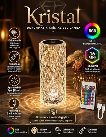 Kristal Elmas Led Dokunmatik Sensör Usb Şarjlı Masa Lambası RGB Gece Lambası [Enerji Sınıfı A]