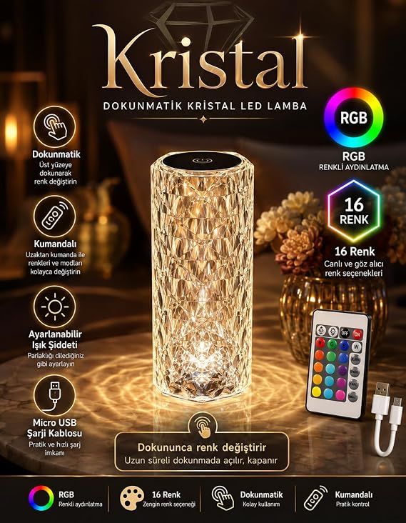 Kristal Elmas Led Dokunmatik Sensör Usb Şarjlı Masa Lambası RGB Gece Lambası [Enerji Sınıfı A]