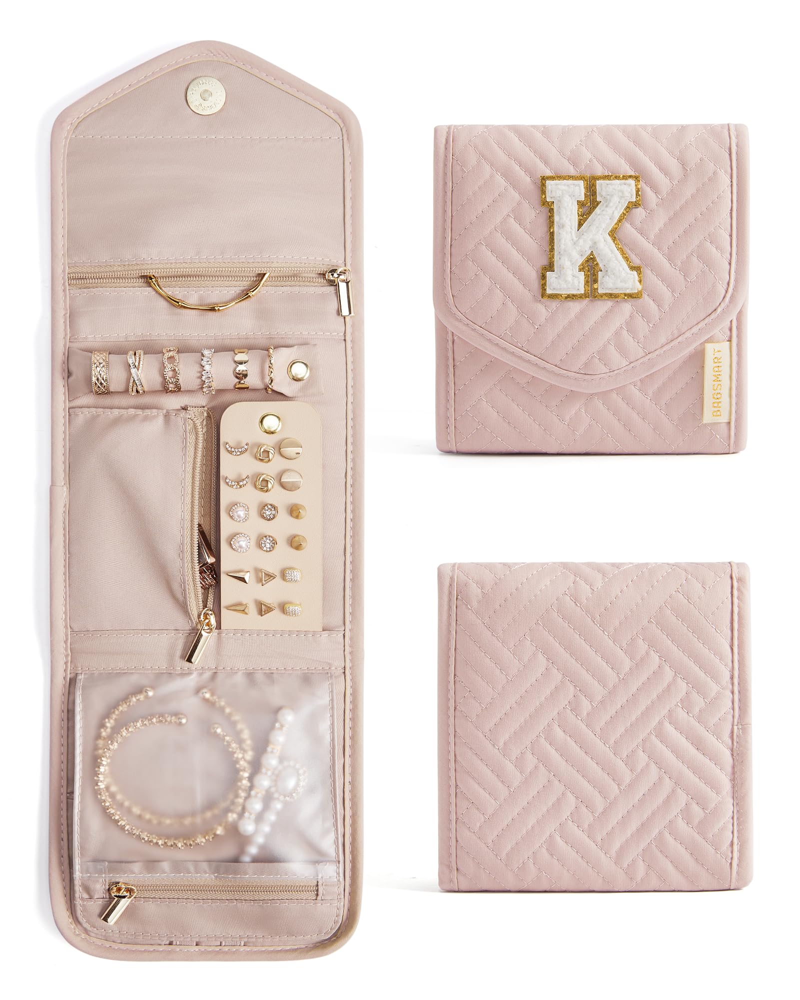 BAGSMART Travel Jewelry Organizer Case K Initial Jewelry Roll,Soft Pink