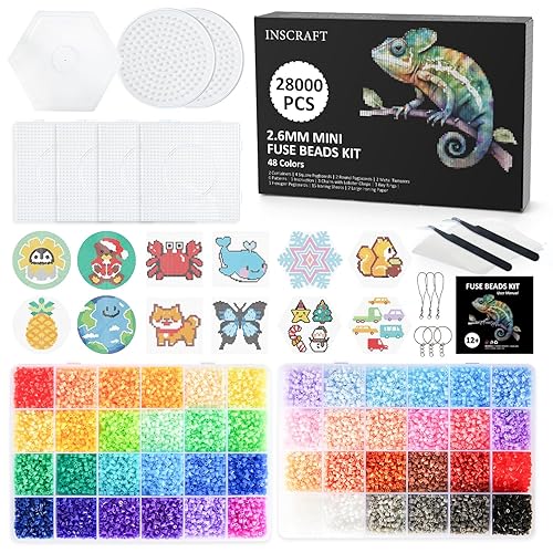 INSCRAFT 28,000 Mini Fuse Beads, 2.6mm 48 Colors Melty Beads with 7 Pegboards 15 Ironing Sheets 2 Tweezers 2 Ironing Papers & 6 Chain Accessories