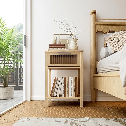 Miniatura 7 de Nightstand Wooden Bedside Table with Drawer Natural Wood Night Stands Modern Style Small End Table Side Table with Storage Shelf for Bedroom Living
