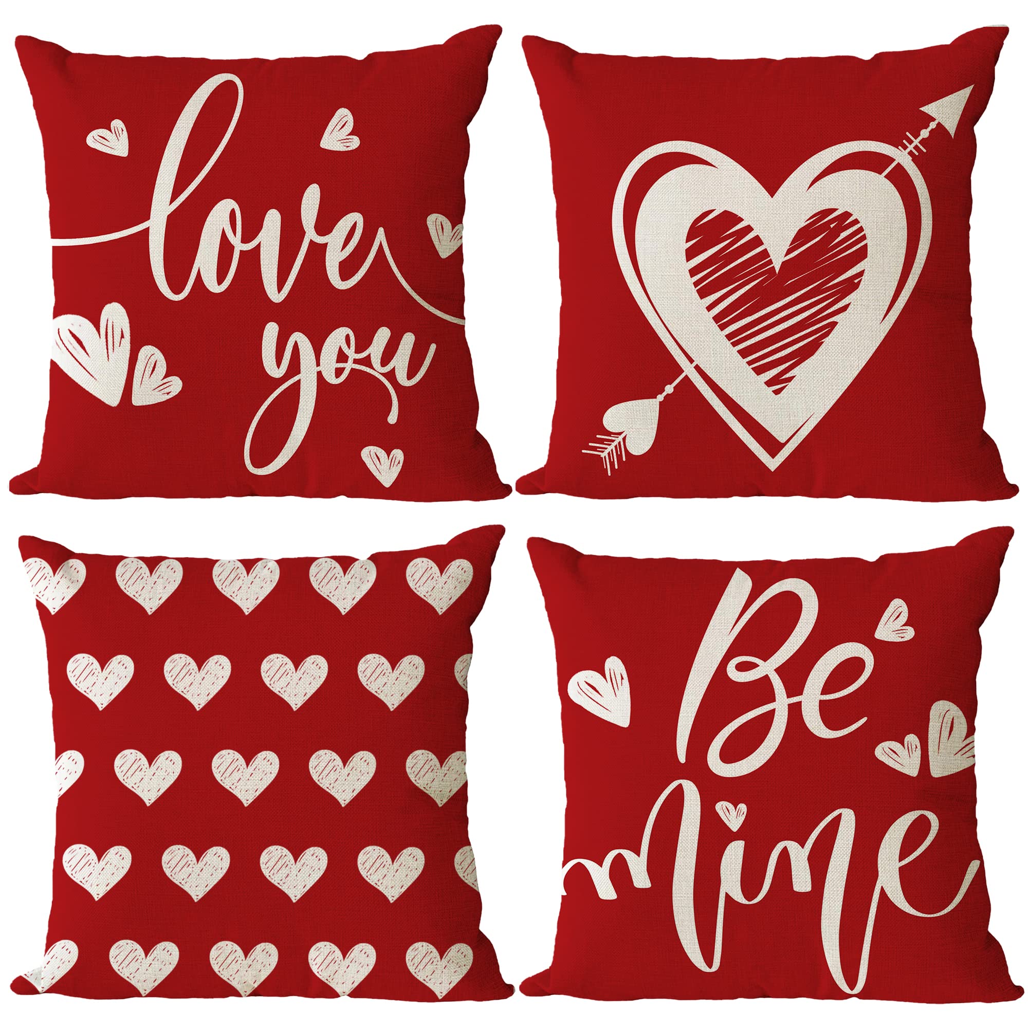 Set Di 4 Federe Per Cuscini San Valentino 45x45 Cm – Rosse Con Scritte Cuore, Baci, Abbracci, Be Mine, In Lino Di Cotone - 2