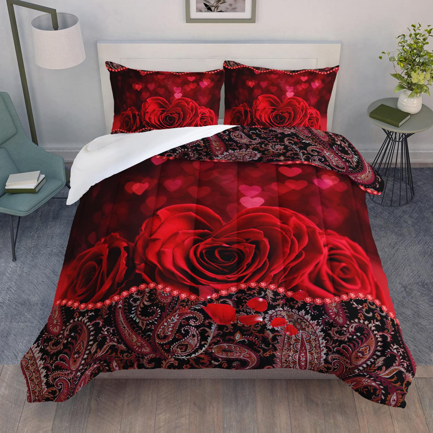 AILONEN 3D Oil Painting Red Rose Comforter Set Twin Size, 3D Rose of Love Pattern Bedding Set for Girls Women Couple Lover,3 Pieces,1 Quilt and 2