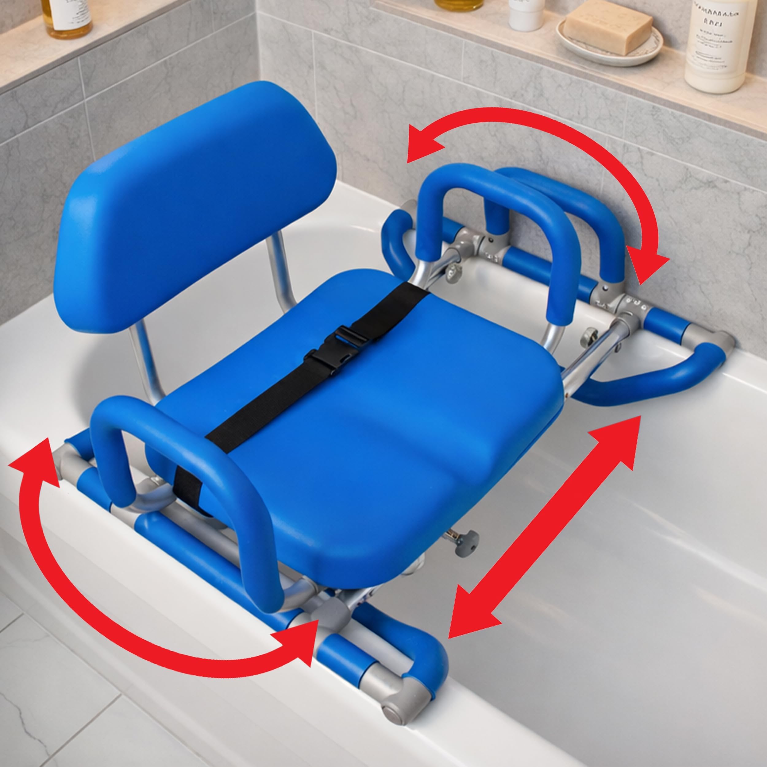 Platinum Health HydroSlide Sliding Shower Chair Swivel Seat for Bathtub, Soft, Padded with industry-exclusive, patented Gap-Bridge safety feature. Padded Armrests. Ideal for Elderly and Seniors (Blue)