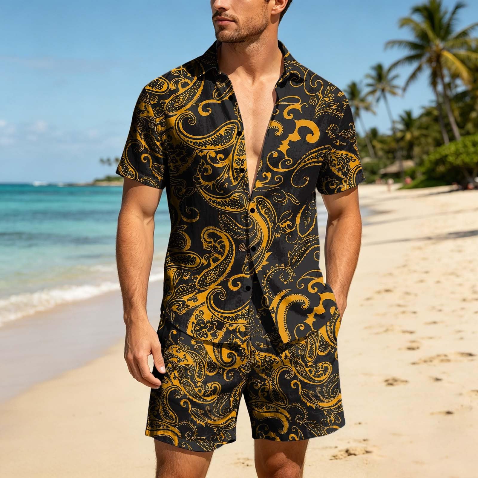 Uomo Completo Camicia E Pantaloni Corti,Camicia A Maniche Corte E Pantaloncini A Pois – Completo Casual In Raso Per Un Abbigliamento Sportivo Estivo Comodo E Traspirante Versatile Per Tutti I Giorni