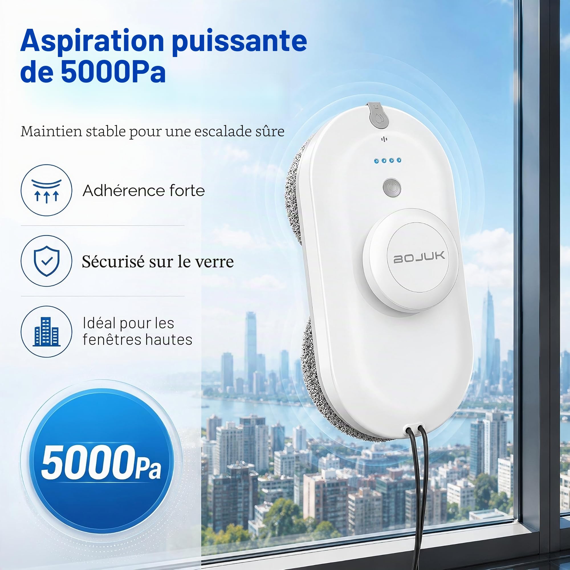 Robot lave-vitres, Robot lave-vitres 5000Pa, Système de pulvérisation double, Réservoir de 100ml, Navigation intelligente, 3 modes, Détection des bords, UPS, Nettoyage sans faille pour le verre