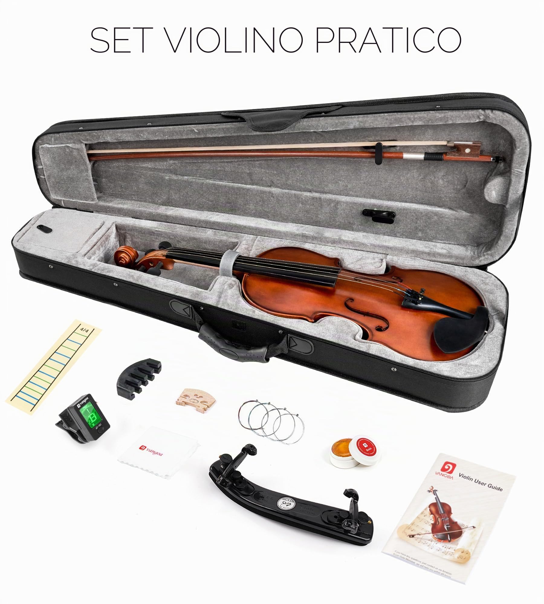 Vangoa Violino 4/4 Concerto con Custodia, Spalliera, Colofonia e Corde per Violino per Principianti Adulti o Bambini, Naturale