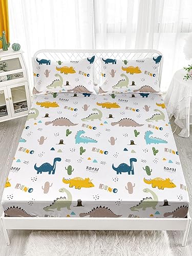 Miniatura 2 de BailiPromise Juego de sábanas bajeras y sábanas encimeras Kawaii para niños, con estampado de dinosaurios, con 2 fundas de almohada para dormitorio