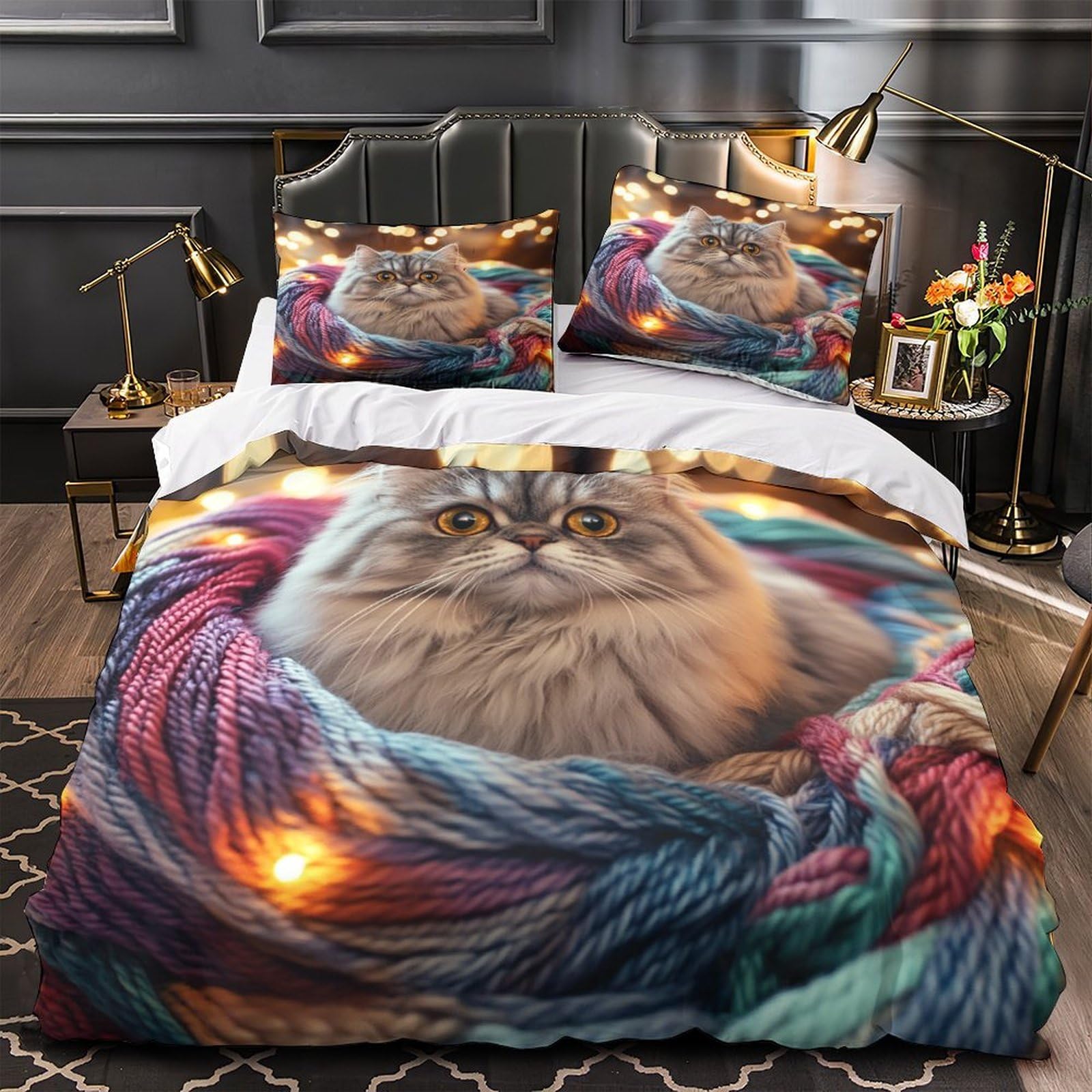Housse de couette chat 3D 135x200 microfibre 3 pièces et taies d'oreiller hypoallergéniques