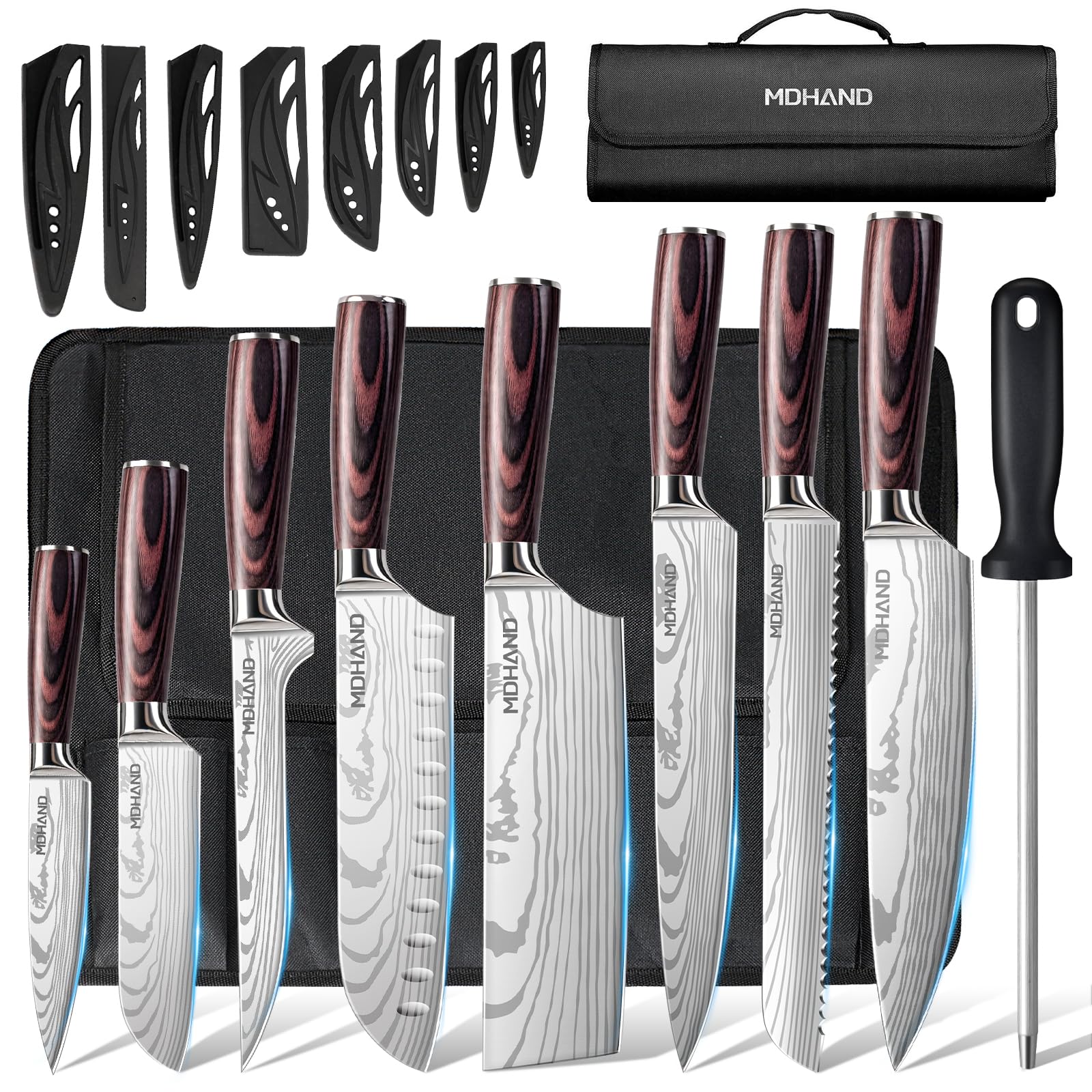 MDHAND Juego de Cuchillos de Cocina, Cuchillos Cocina Profesional de 8 piezas con Bolsa de Rollo,Juego de Cuchillos de Cocina profesionales de acero inoxidable de alto carbono extremadamente afilados