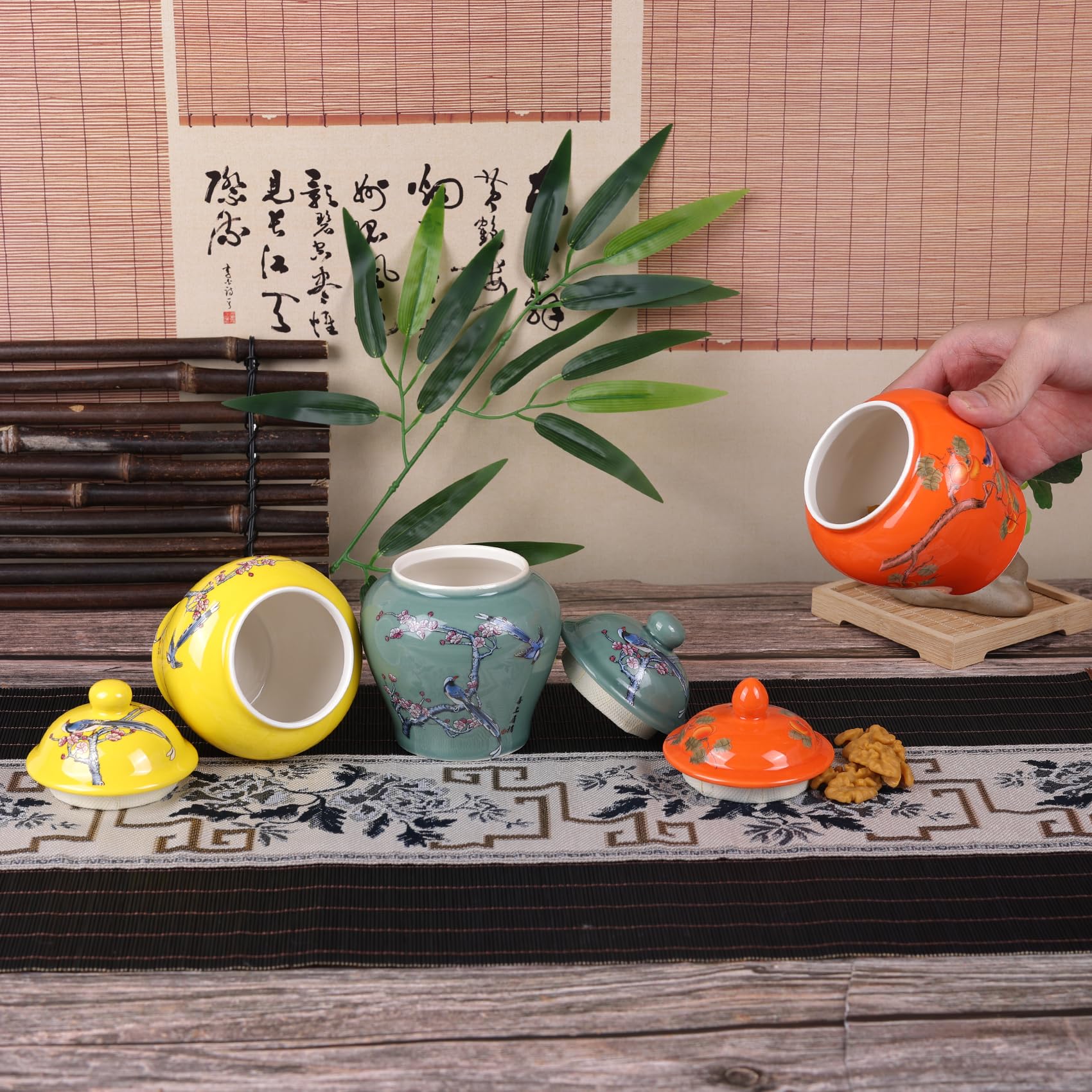 XINGYAN Lot de 3 pots à gingembre en porcelaine bleue et blanche