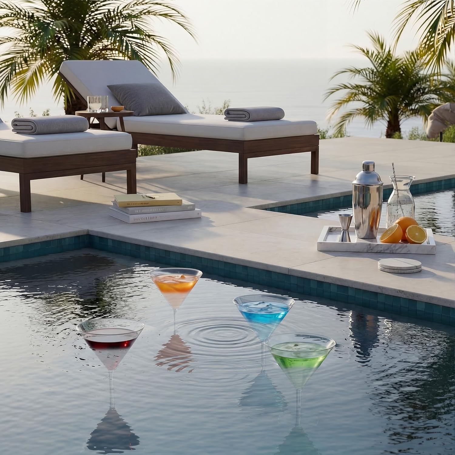 Remerry 4 Set Floating Wine Glasses for Pool Floating - Martini Cocktail Wine Glasses Shatterproof Poolside Float Cup - Bpa-free Tub Summer Party Favor Pool Decorations Outdoor Clear Glass
