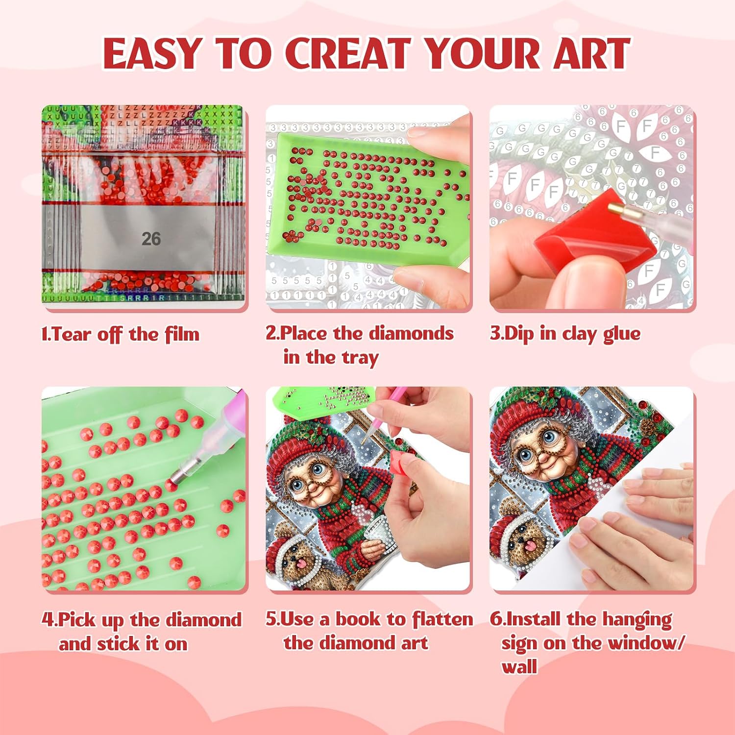 GHHKUD Grandma Puppy Diamond Art Hanging Kits, DIY Special Shaped Christmas Diamond Painting Hanging Pendants for Window Home Garden image 5