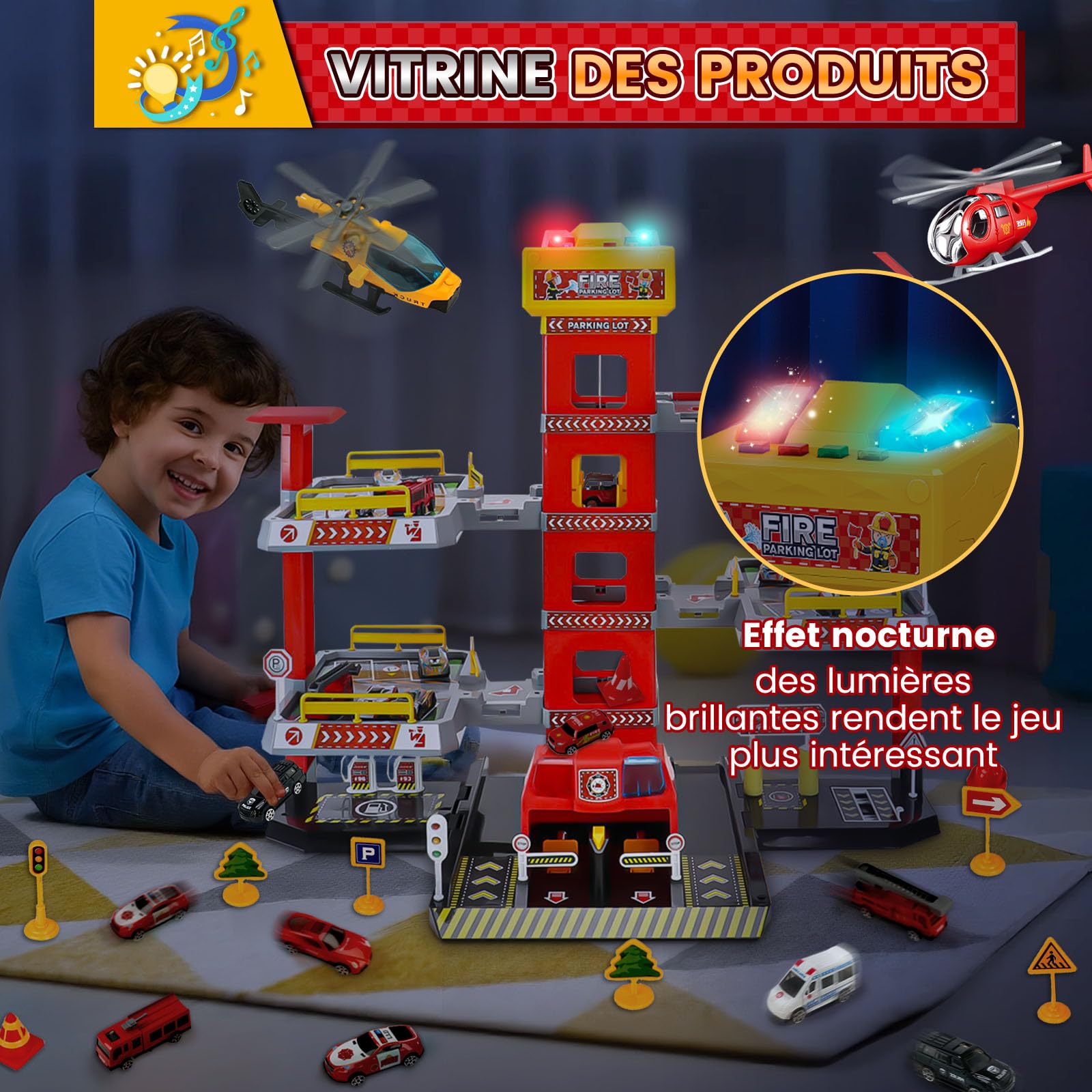BuzzoXerex 5 Etages Garage pour Enfants, Piste de Course avec 14 Voitures et 2 Hélicoptère, Jouet Garage Voiture avec Ascenseur Electrique Circuit, Cadeaux pour Enfants 5 6 7 8 9 Ans (Rouge)