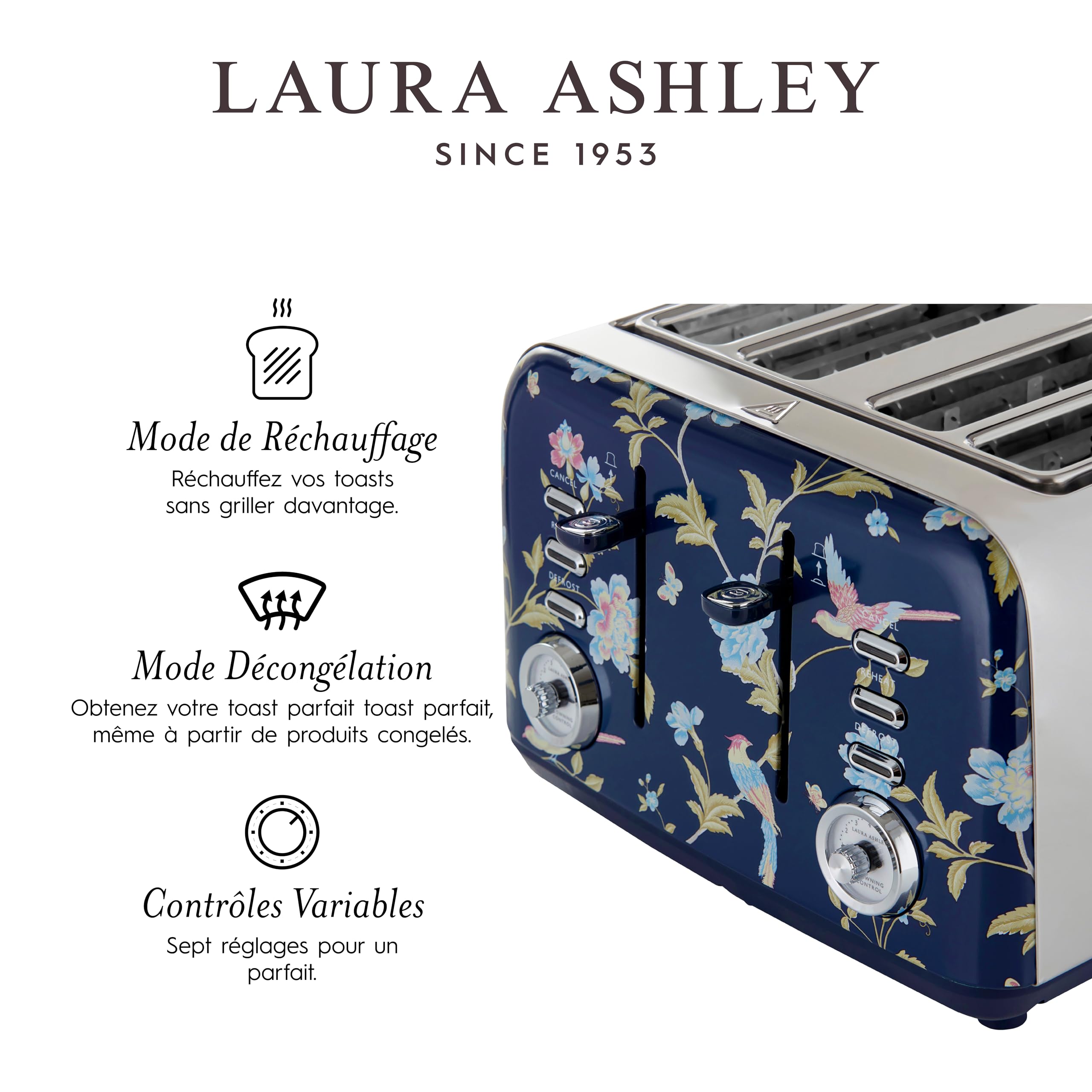 Laura Ashley VQ Bouilloire Sifflante Inox 2,5 L Grille-Pain 4 Tranches Décongélation Réchauffage Elveden Bleu