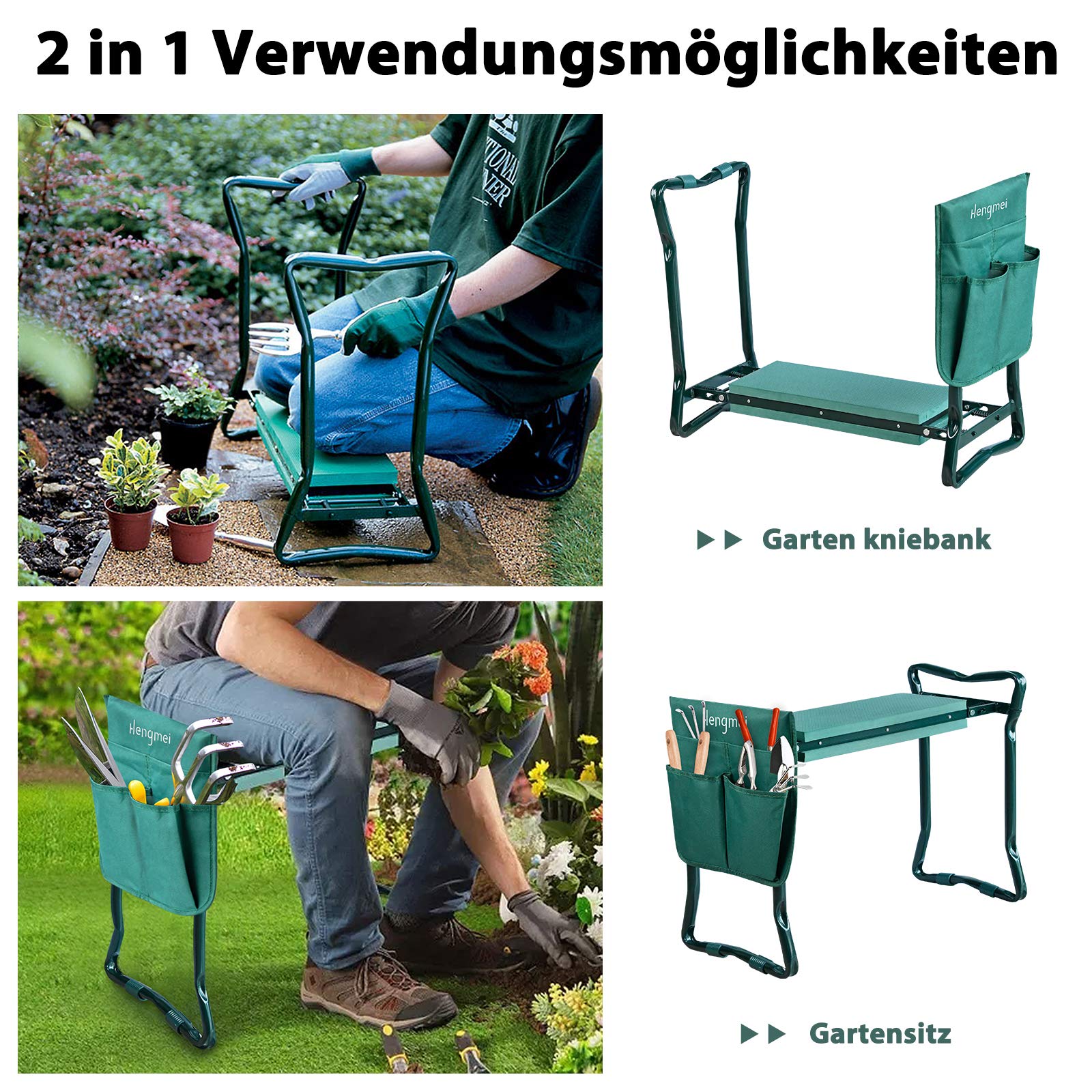 UISEBRT Banc de jardin pliable avec sac à outils pour le jardin et coussin en mousse EVA Jusqu'à 150 kg