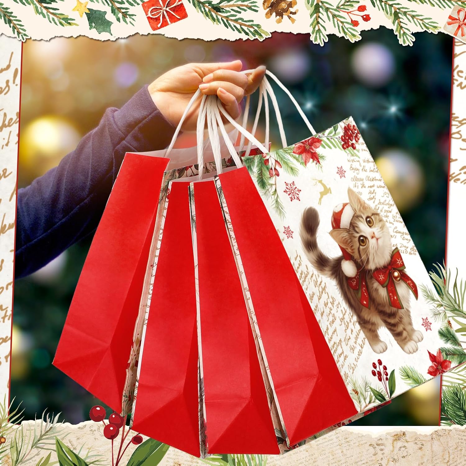 Trandraft 12 Pcs Small Christmas Gift Bag Pet Kraft with Handles, Cat image 5