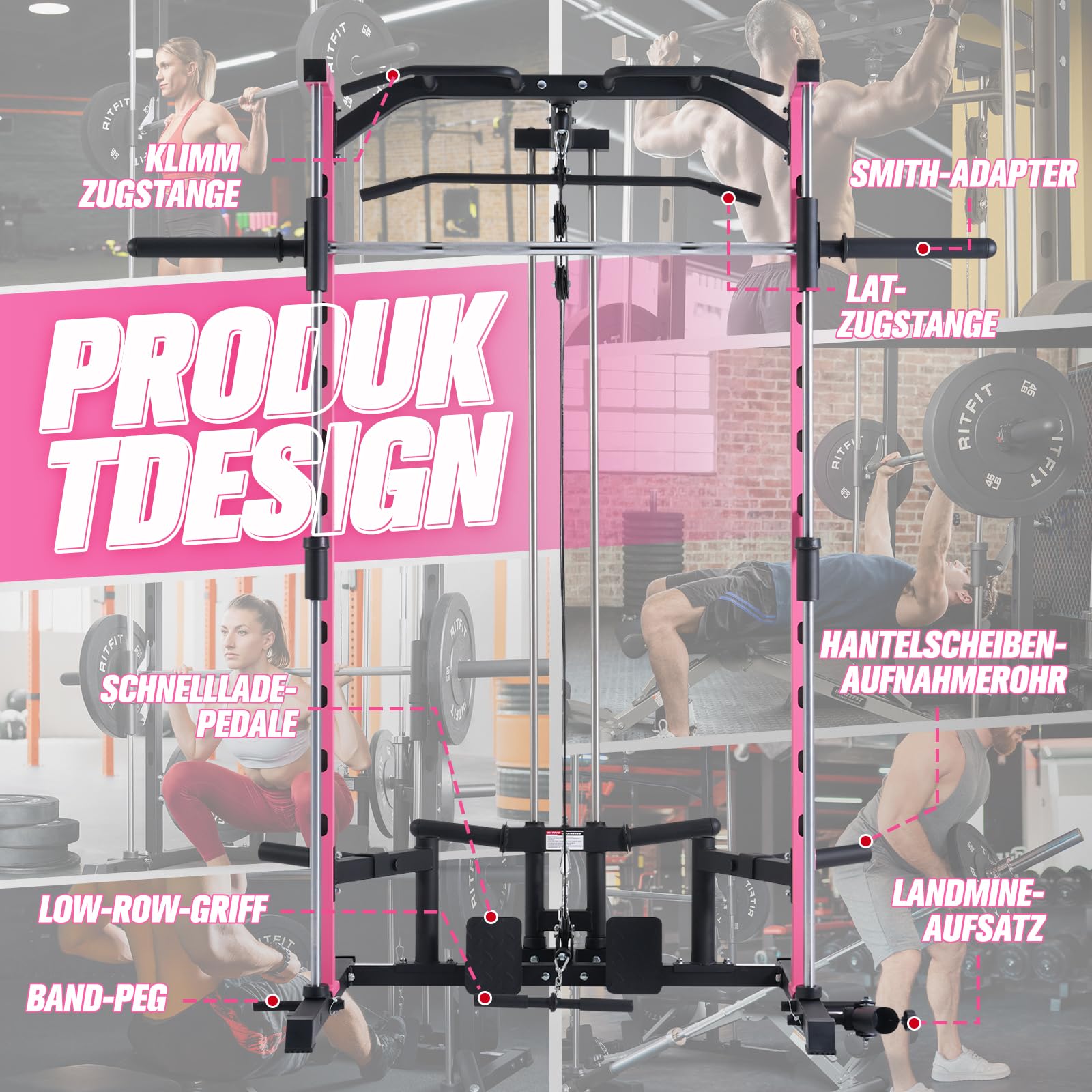 RitFit Power Rack Smith Machine mit Kabelzug | mit Langhantelstange, Klimmzug, Kraftstation für Zuhause & Home Gym, 450kg Belastbarkeit