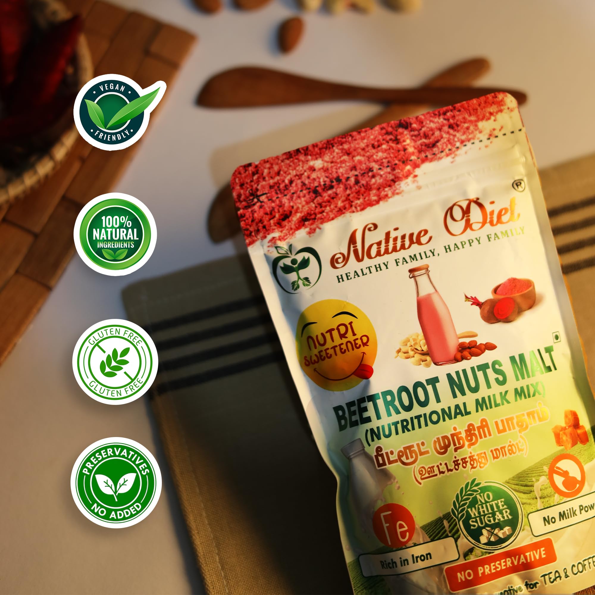 Native Diet Beetroot Malt|Nutritional Milk Mixes|Glow Naturally|Vegan Friendly|Stamina & Immunity Boost|All Natural Ingredients|Traditional Wellness In a Cup|Healthy Drink ((250 * 2)-500,Beetroot) - Image 3 thumbnail