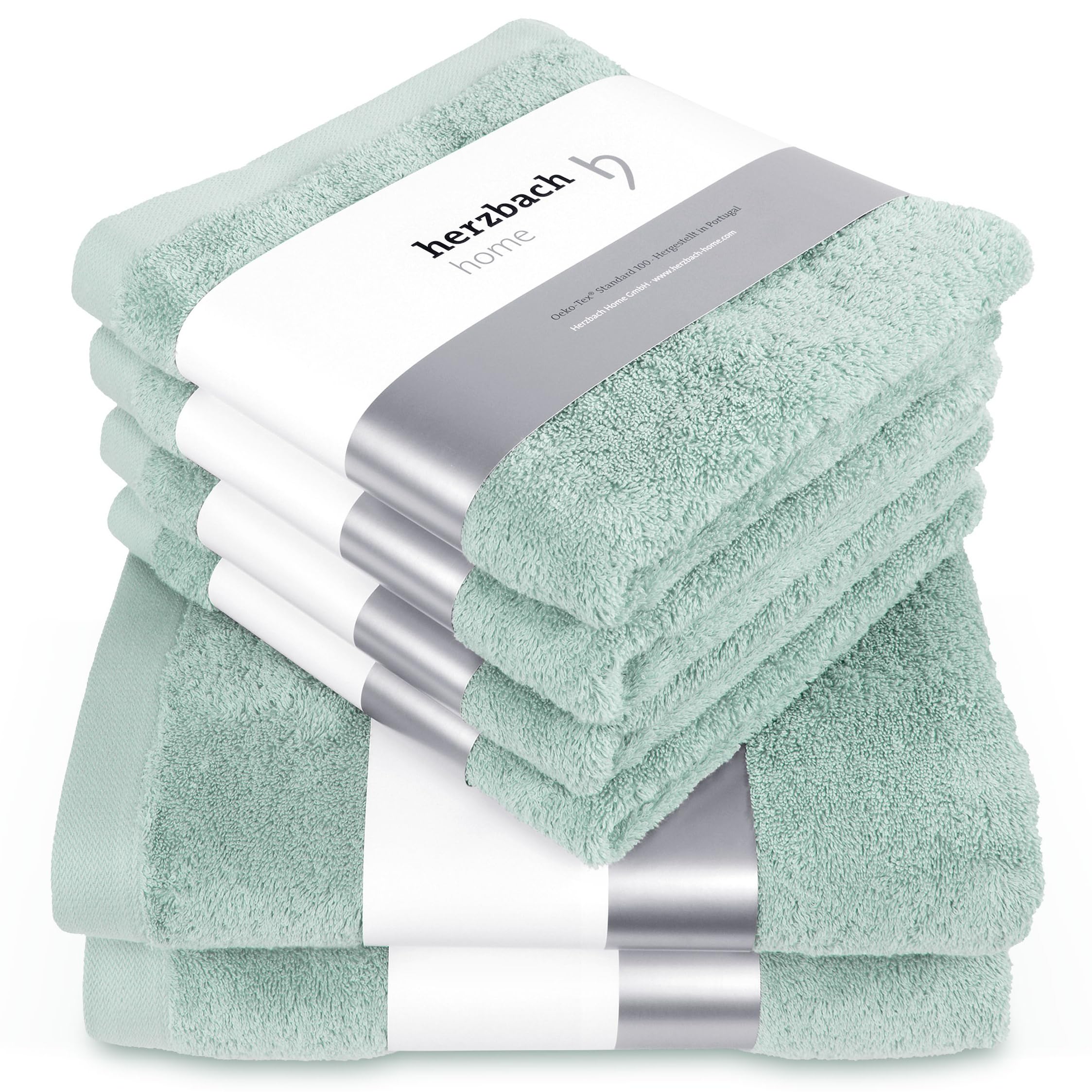 herzbach home Juego de 6 toallas de mano, 2 toallas de ducha, 100% algodón | Extra suave y absorbente, duradero y fácil de limpiar, con colgador, gramaje de 550 g/m², fabricado en porugal
