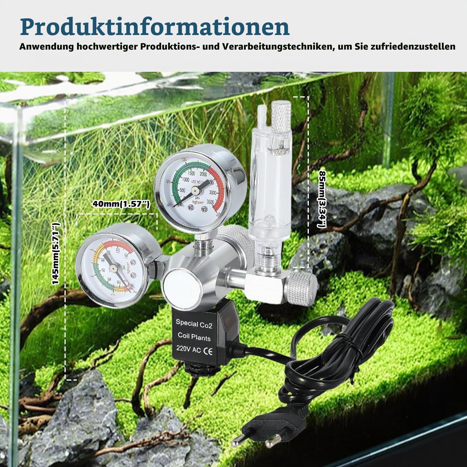 Aicharynic Aquarium CO2 Druckminderer, CO2-Regler für Aquarien, Dual-Gauge-Display, CO2 Druckminderer W218 mit Magnetventil, Blasenzähler für bepflanzte Aquarien
