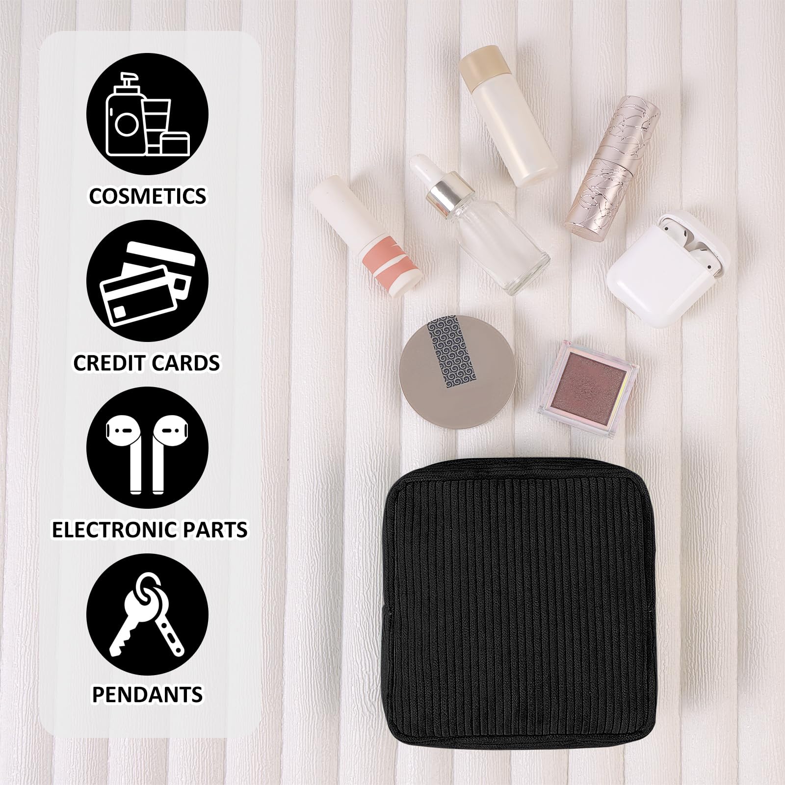 MAGEFY Small Makeup Bag for Handbag Mini Cosmetics Bag Corduroy Makeup Pouch for Women with Compartments (Black) - Image 4
