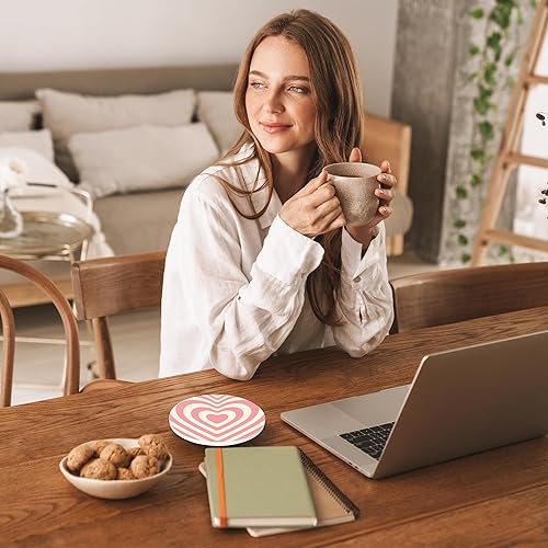 Miniatura 5 de Juego de 4 posavasos redondos con patrón de ondas Groovy, de 4 pulgadas, posavasos absorbentes de piedra de cerámica con base de corcho, bonitos