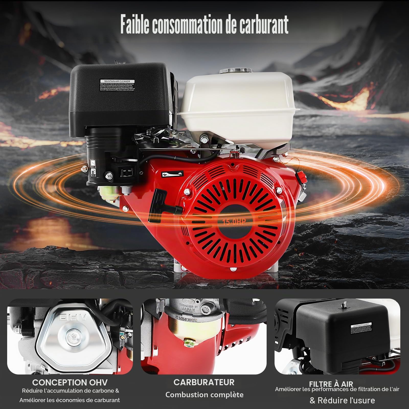 Moteur à essence 4 temps 15 CV 420 cc - Moteur sur pied - Moteur de kart - Moteur industriel - Monocylindre refroidi par air 9,7 kW - 3600 tr/min - Pour karts, pompes à eau, pelleteuses et
