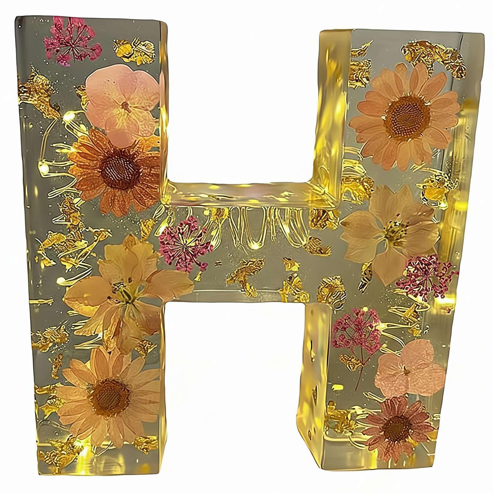Resin Ornament Kit, Resin Letters with Flowers, Dried Floral Resi N Night Light Letter with LED Lights, Endless Custom Decor Possibilities (H)
