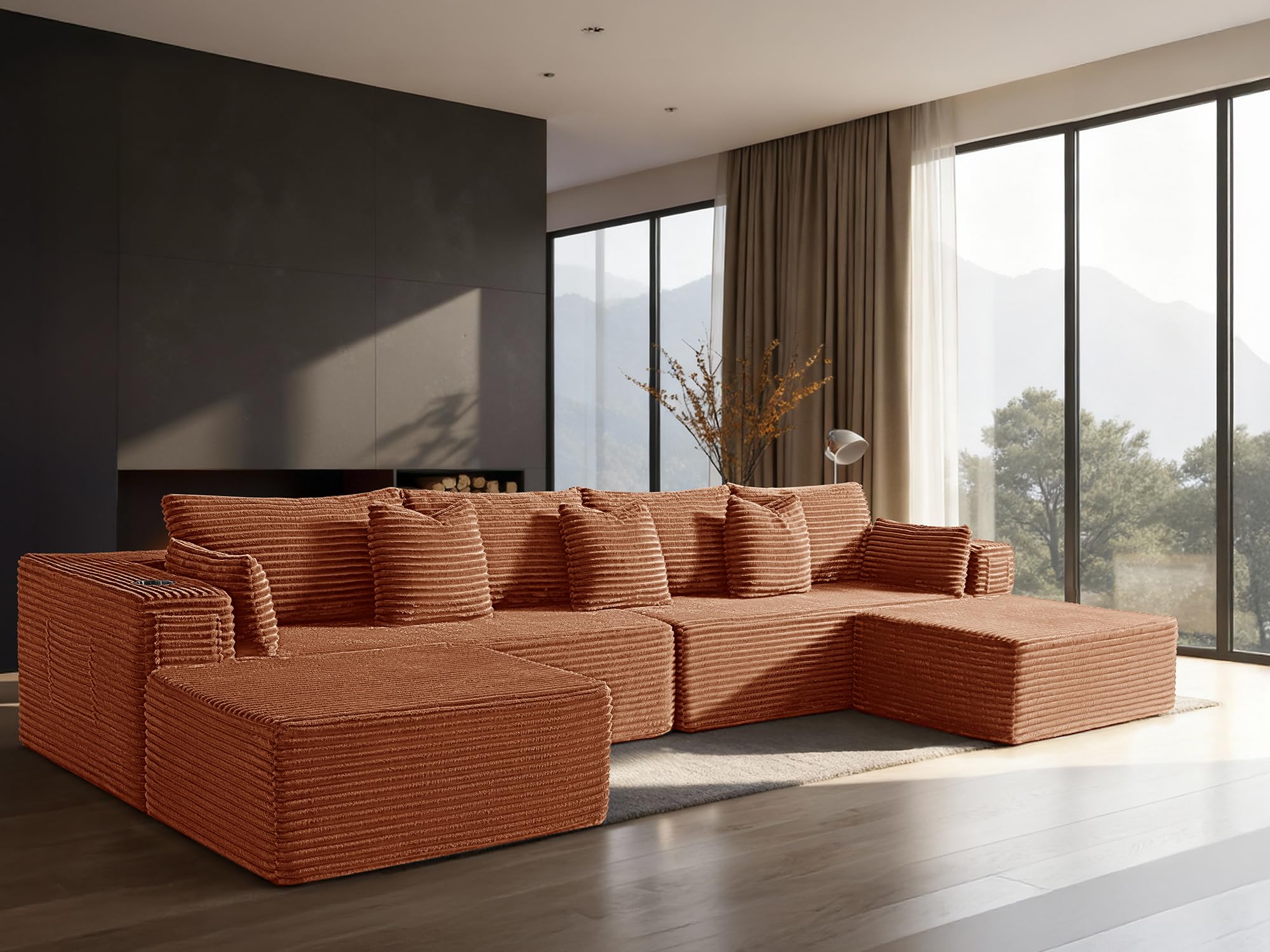 138" Cloud Sectional Couch, Comfort U Shaped Sofa for Living Room, Extra Deep Seats No Assembly, Minimalist Modular Couch, Corduroy (Deep Orange, 6 Seats,U-Shape A)