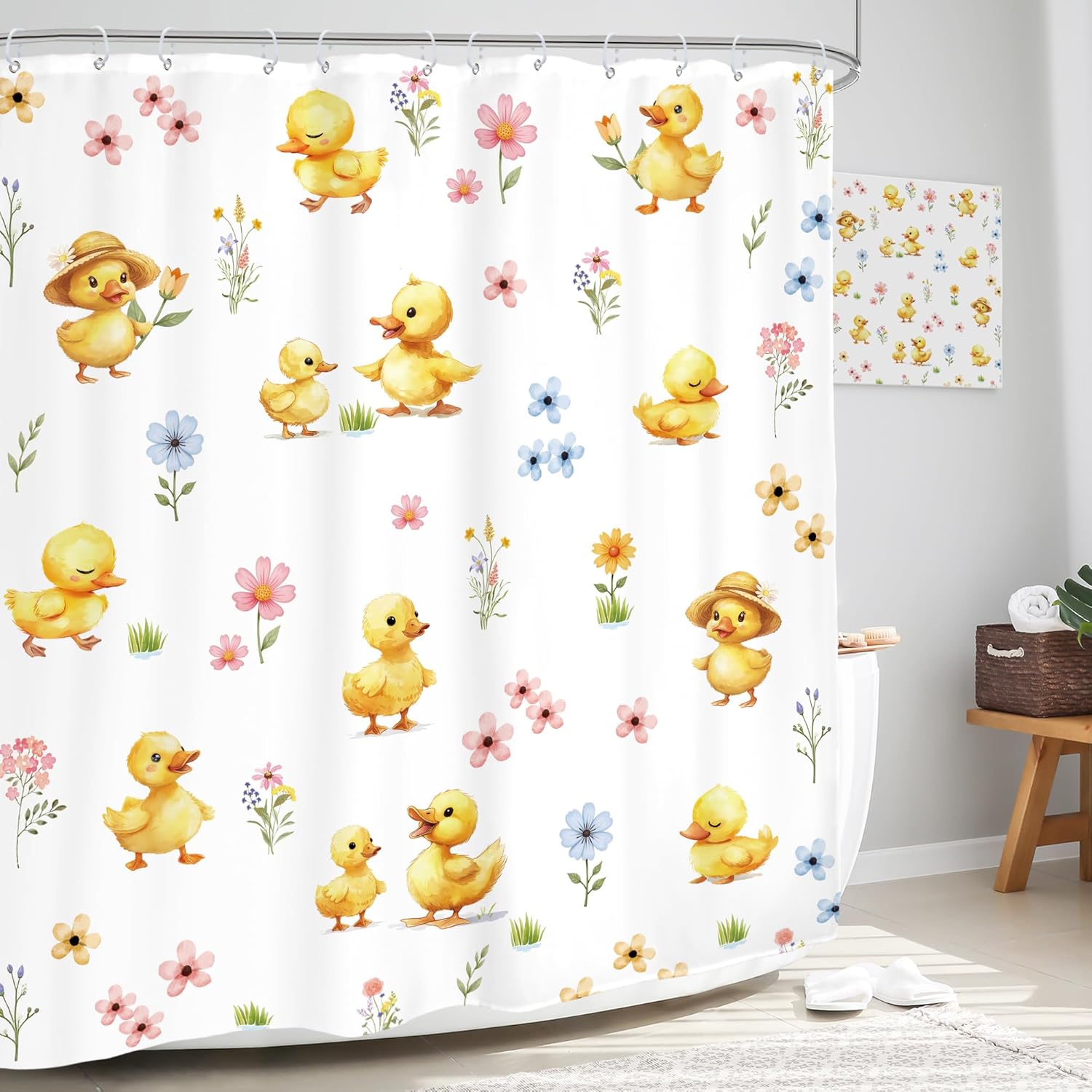 Glawry Funny Yellow Duck Shower Curtain Cute Animal Cartoon Lovely Plant Floral Toddler Teens Nursery Bathroom 60Wx72L Inches Bath Accessories Art Home Decor Fabric 12 Pack Hook