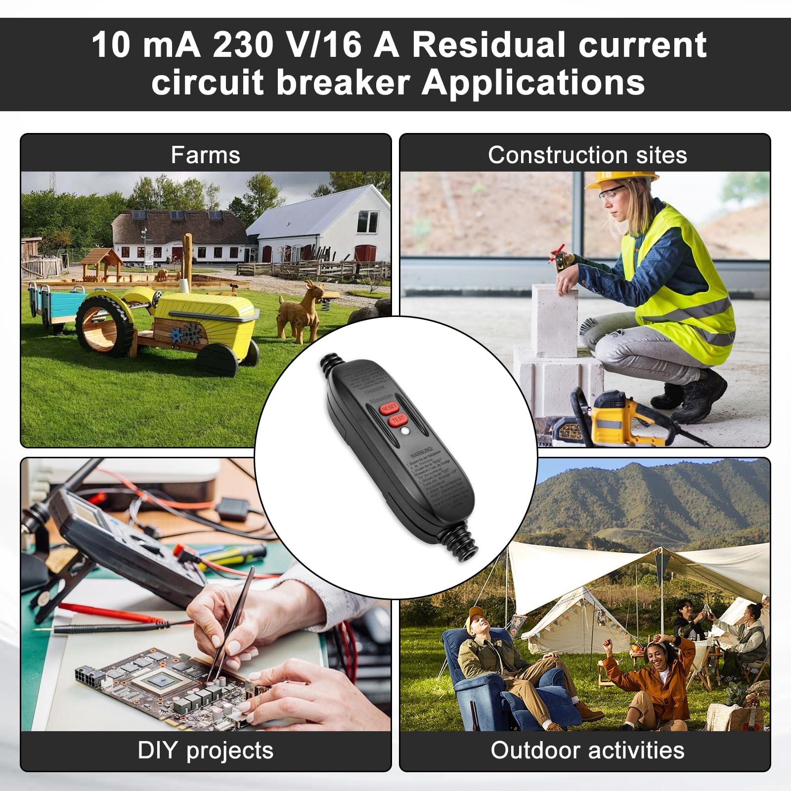 PRCD FI Schutzschalter 10 mA 230V/16A,Personenschutz Zwischenstecker IP66, Fehlerstromschutzschalter für Außenbereich, Kabelanschluss beidseitig