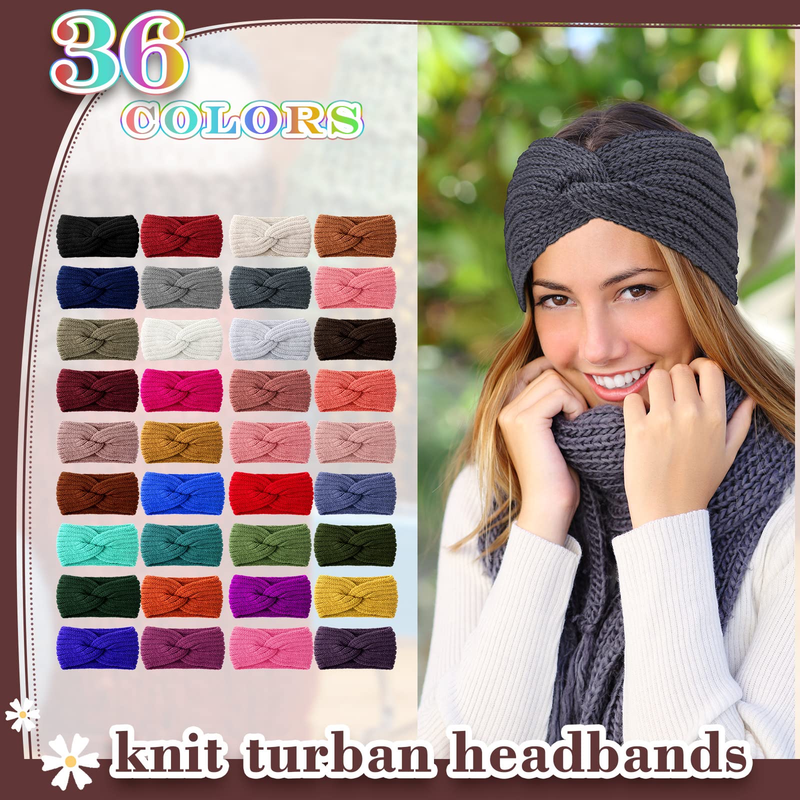 Lot de 36 bandeaux chauds d'hiver en crochet pour femme, turban en tricot pour temps froid, 36 couleurs