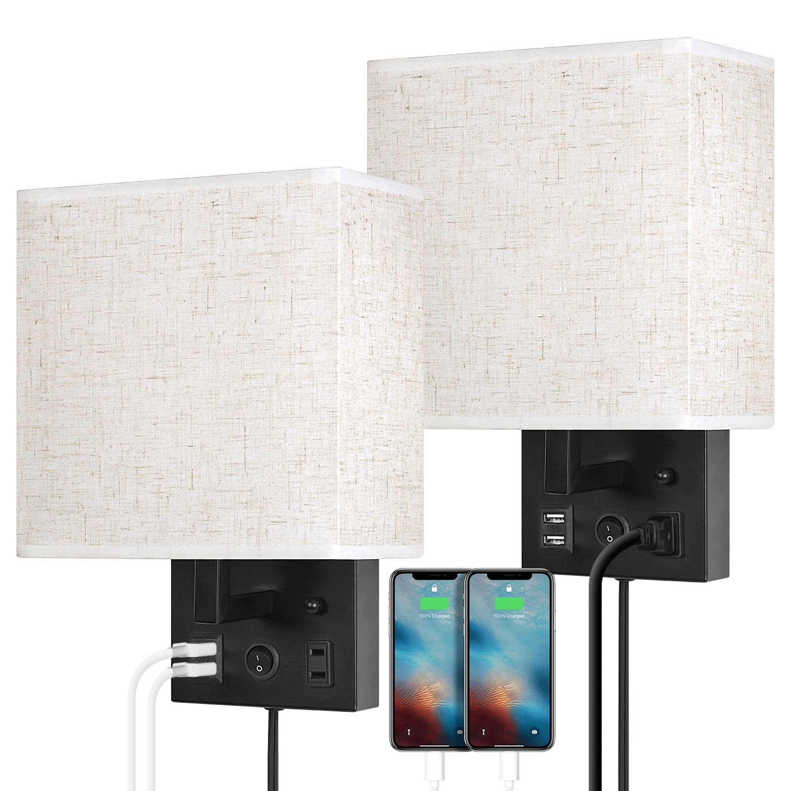 Bedside Wall Lamp Set of 2, Plug in Wall Sconce with USB Charging Port and AC Outlet, Modern Black Brushed Nickel Wall Light with Plug in Cord for Living Room Office, E26 LED Bulb Included