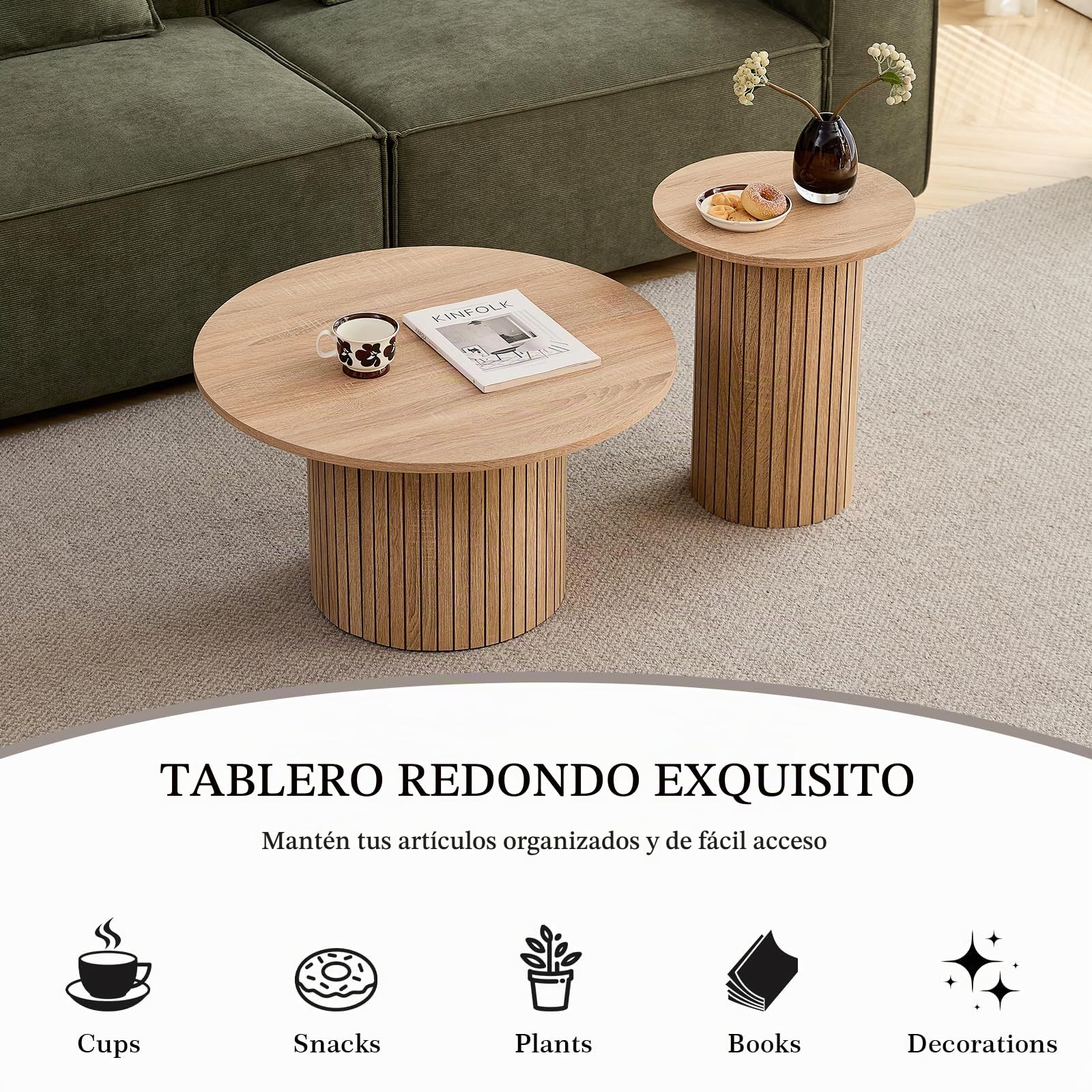 Juego 2 Mesas de Centro Redondas Apilables, Madera Clara | Tablero MDF con Textura de Madera Natural, Fácil Limpieza, Base Cilíndrica Estable, Para Salón, Dormitorio y Cafetería