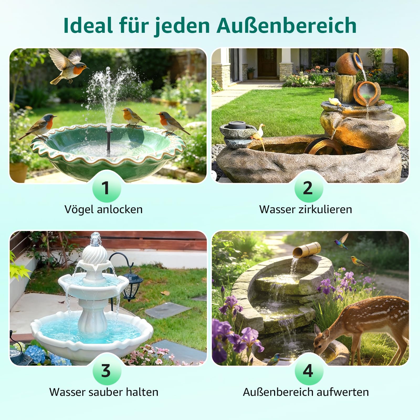 Solarbrunnenpumpe mit Akku 8.5W 3200mAh Doppelschichtdüsen 7 Sprühmodi 1.5m PVC-Schlauch Teichbrunnen