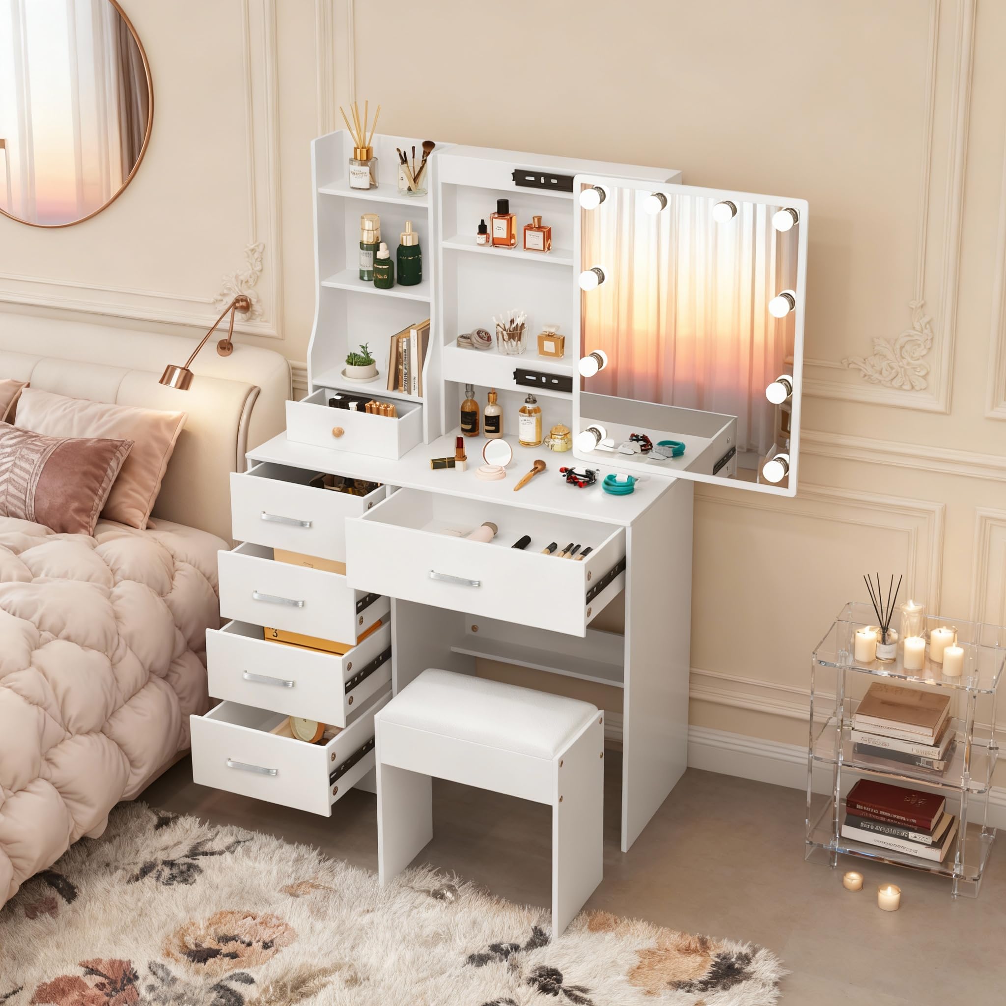 Toeletta trucco con Luci e Sgabello, 10 Luci LED Regolabile a 3 colori, Toeletta bianca con Specchio e 6 Cassetti + 6 Ripiani aperti, Moderno per Camera da Letto 80x36x130cm