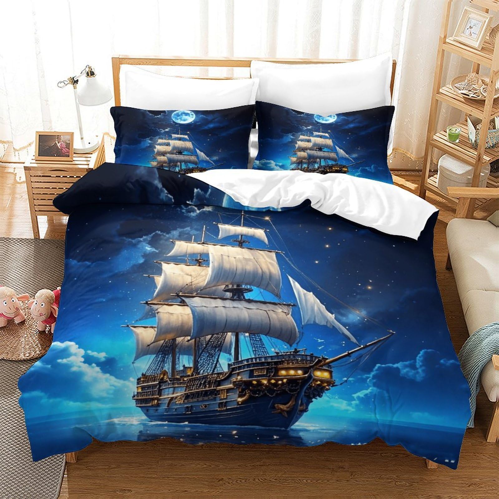 LILIlaobiao Pirate Boat Bedding Set Double（200x200cm） Sailboat Duvet Cover Set with Pillowcases, Soft Microfiber Comforter Cover for Kids Adults