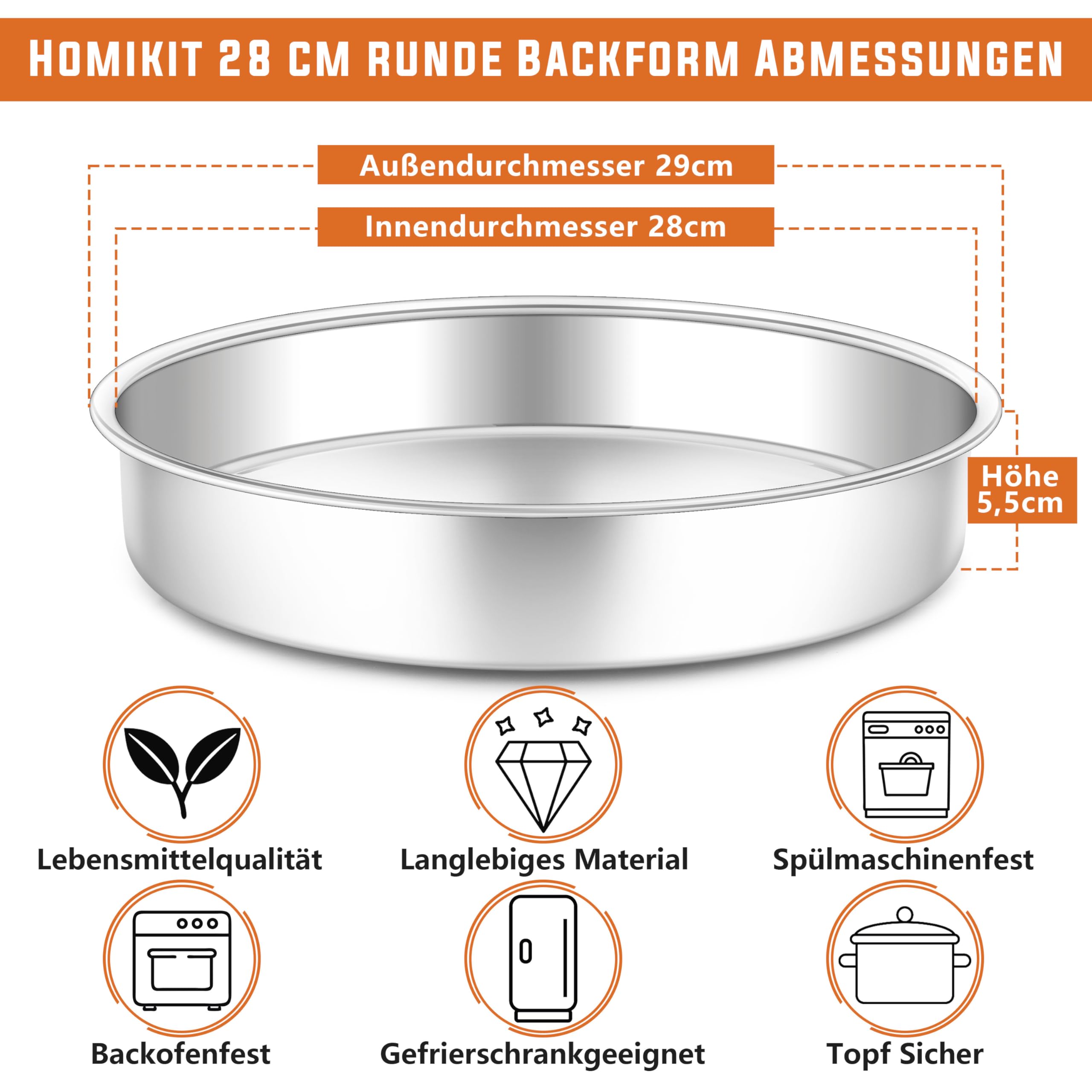 Homikit Edelstahl Backform, 28cm Kuchenform Tortenform, 5,5cm Tief Hochwertig Kuchenbackform, Ungiftig & Rostfrei, Spiegelpoliert & Spülmaschinenfest