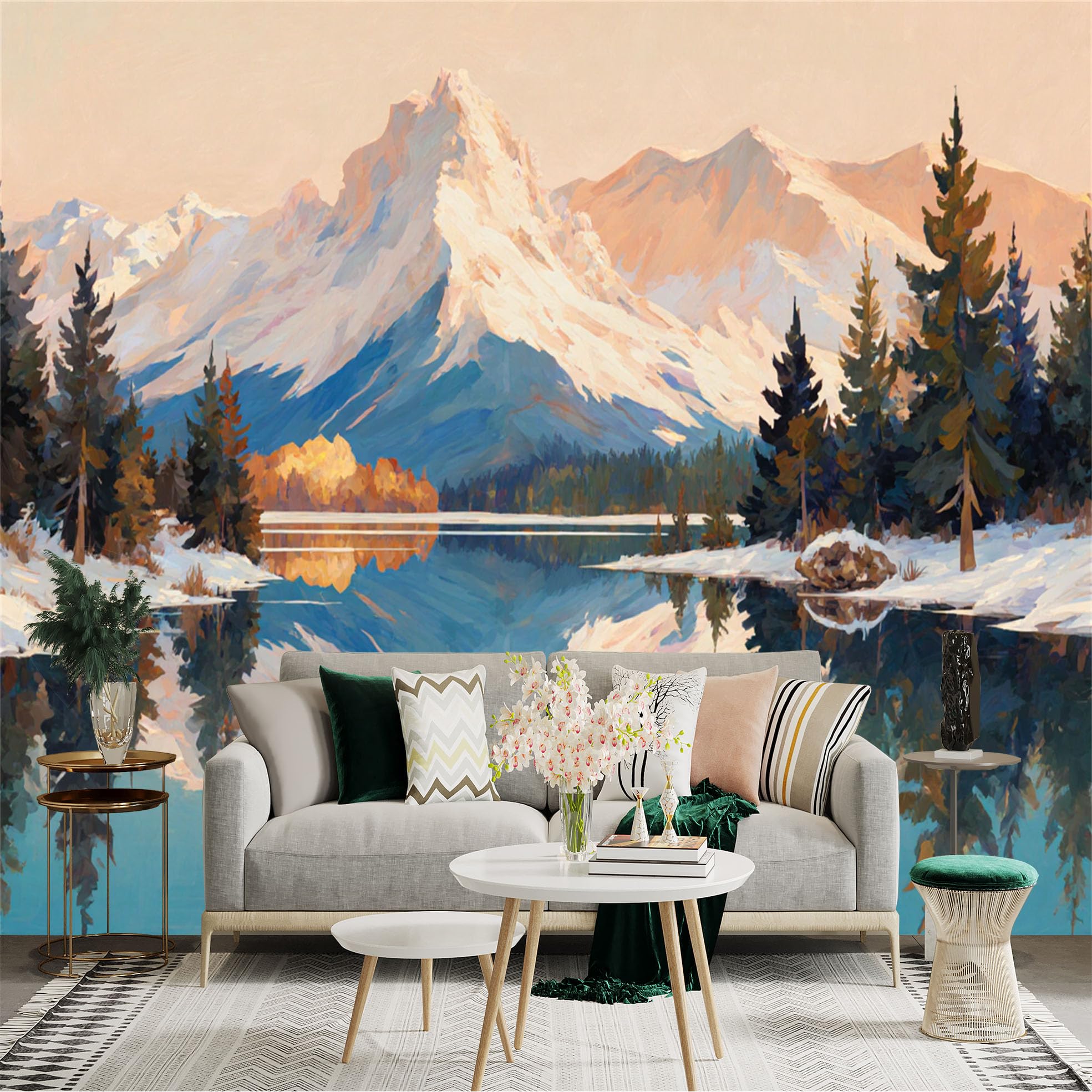 Custom Size Wall Sticker Mural， Snowy Mountain Landscape with Lake Reflection and Pine Trees， for wall Decoration， peelandstick wall Decals.