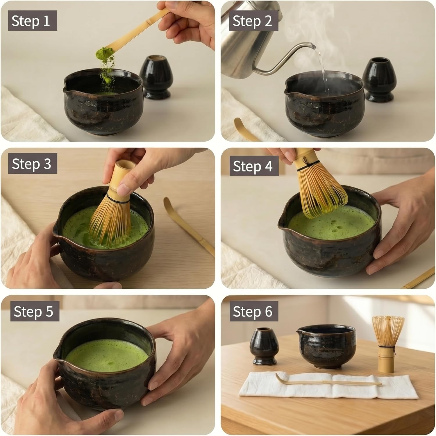 Matcha Whisk Set, 5-Piece Matcha Set with Ceramic Bowl, Bamboo Whisk, Bamboo Scoop, Whisk Holder & Tea Towel – Premium Matcha Tea Set for Beginners & Matcha Lovers, Gift Ready